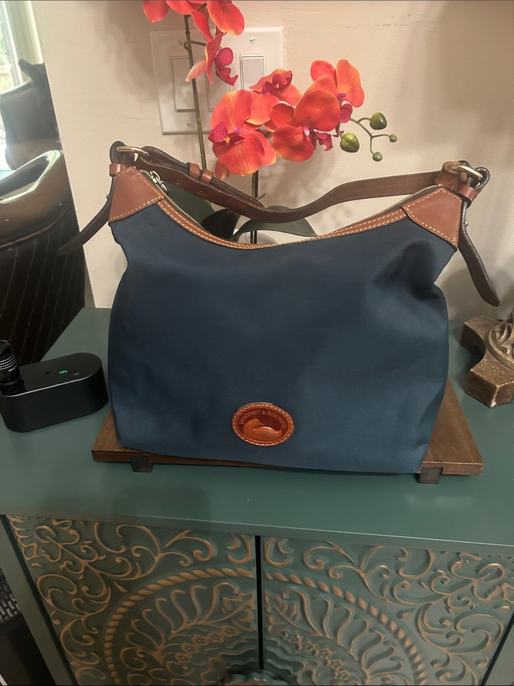 Dooney & Bourke Navy Nylon Shoulder Bag with Brown Leather Trim